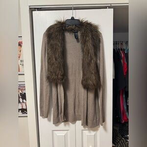 Ann Taylor Tan Cardigan with Faux Fur Trim